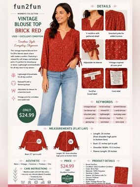 fun 2 fun Brick Red V-Neck Blouse with Smocked Yoke